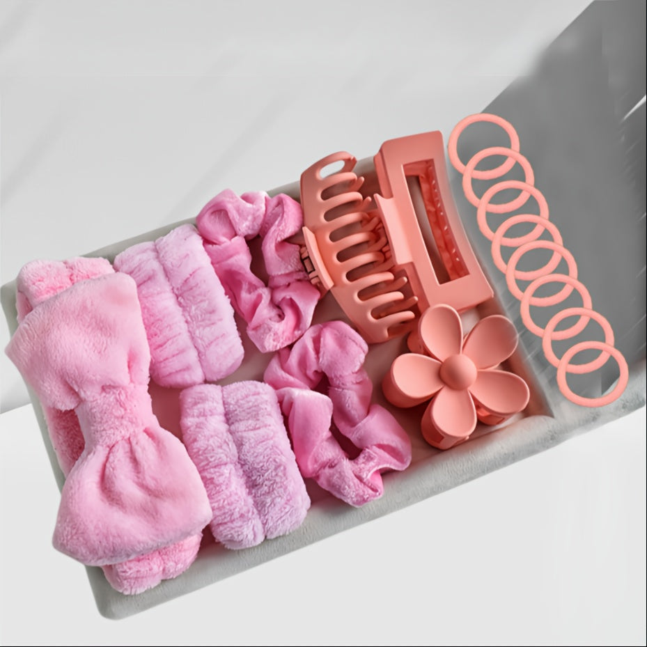 16-piece hair accessory set in pink & black for women and girls, includes headbands, wristbands, and hair clips, perfect for travel, spa, makeup, and gifting.