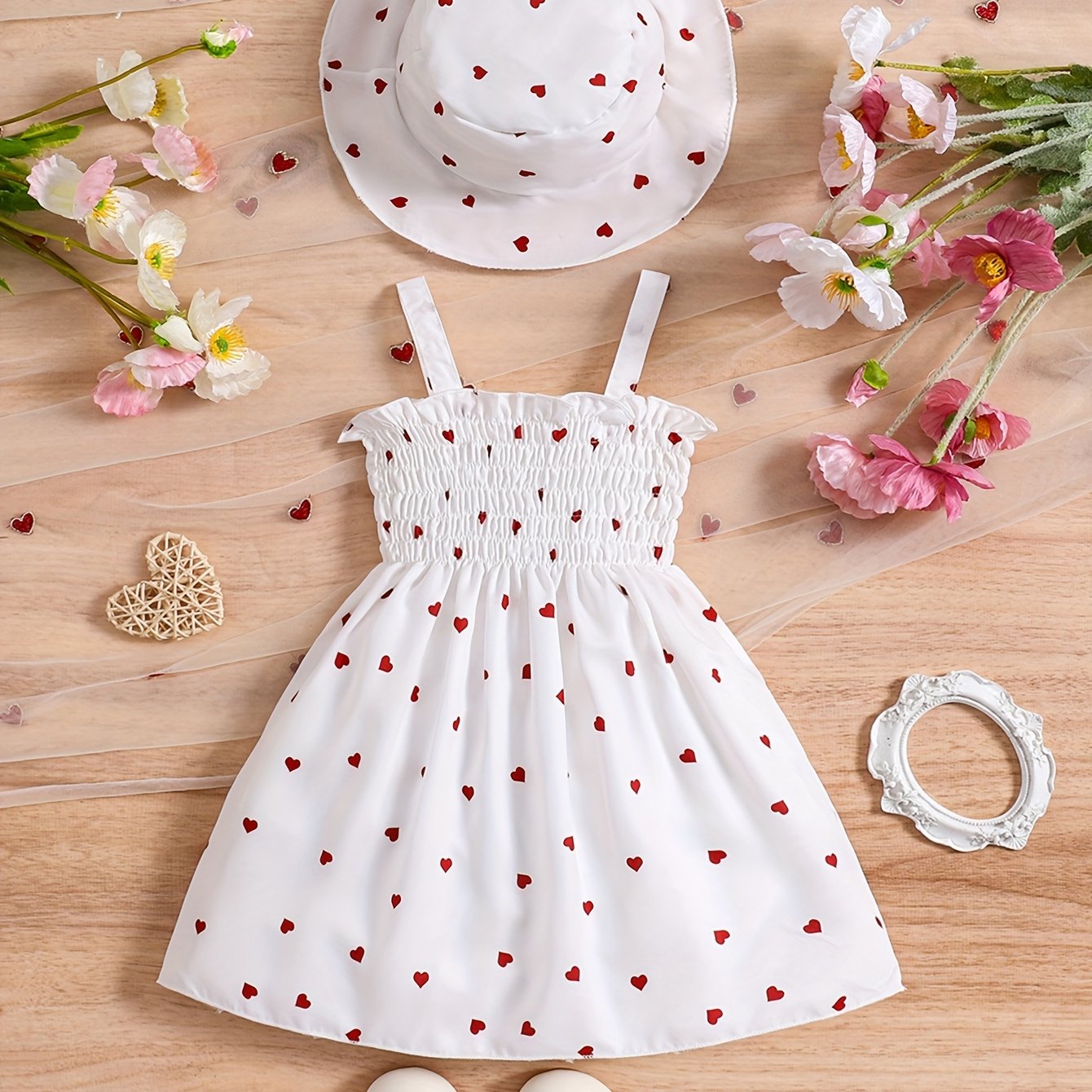 Girls' 0-3 Years Summer Love Print Dress Set with Halter Neck and Matching Hat in Two Colors