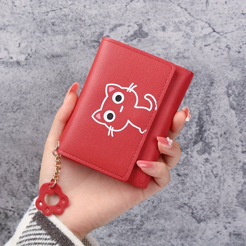 1 Cute Cat Cartoon Mini Wallet for Women made of pink faux leather, features a short tri-fold design with key ring and heart charm. Ideal for daily use and as a gift for cat lovers.