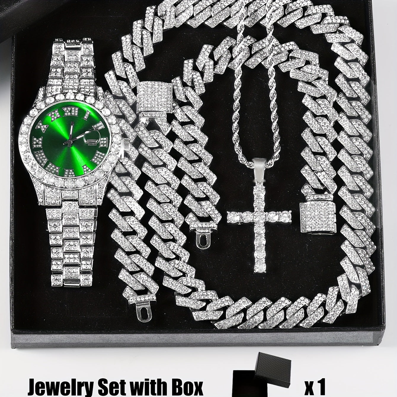 Set of 4 pieces: Men's Rhinestone Wrist Watch and Cross Pendant Jewelry Set, suitable for both Men and Women.