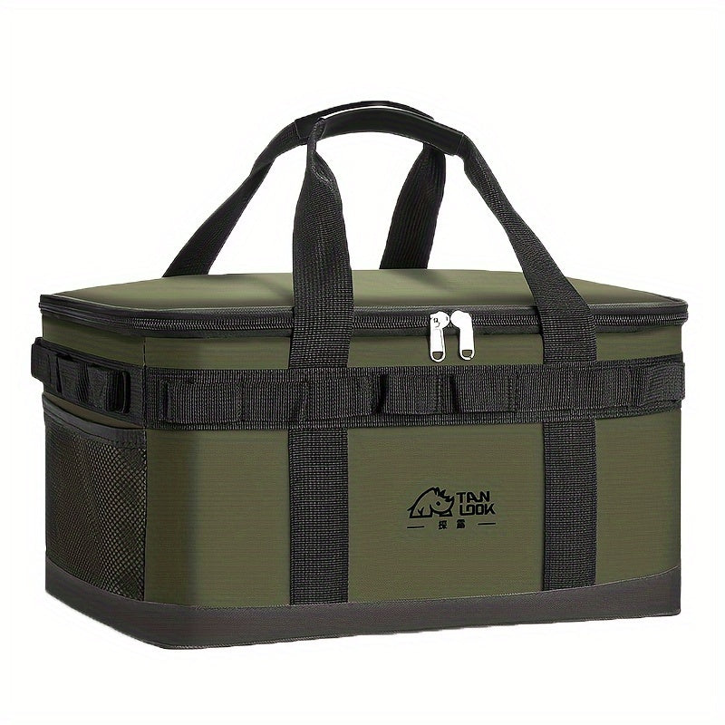 Large capacity polyester cooler bag with dual color options, carry handles, and carabiner hook for outdoor activities.