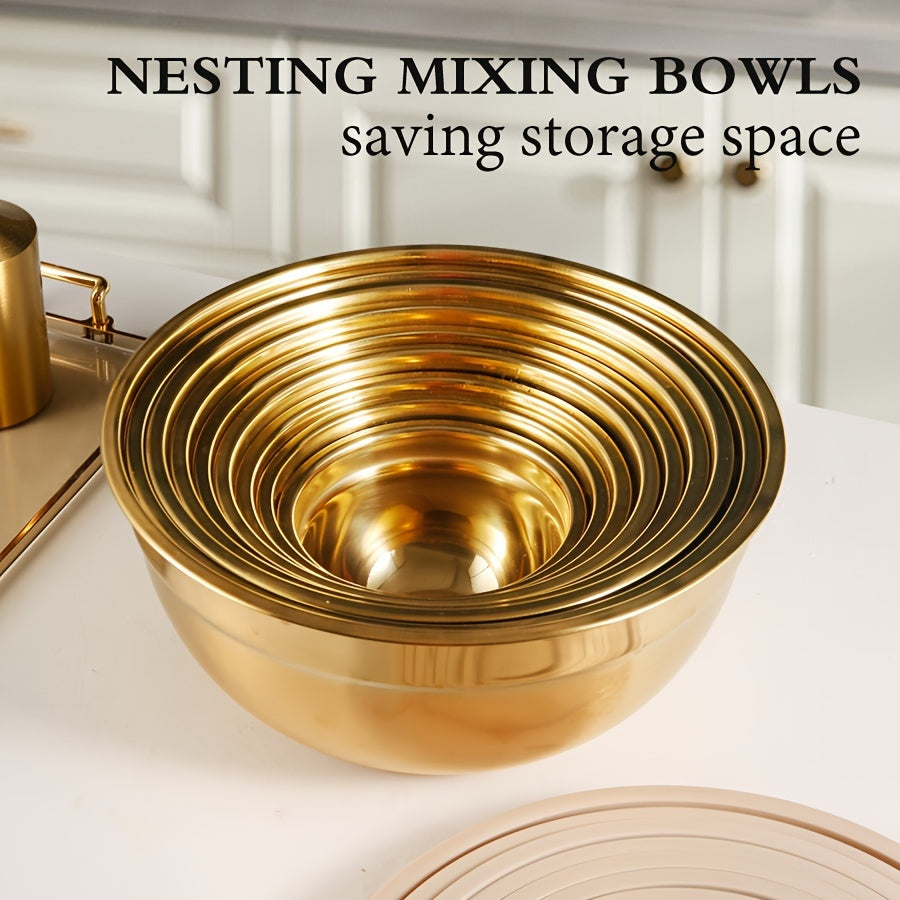 Stainless steel mixing bowl set in gold with lids in white, black, and khaki. Ideal for Christmas serving, baking, preparation, cooking, and serving food. Nested design saves space, dishwasher safe. Available in various sizes from 500ml to 4000ml.