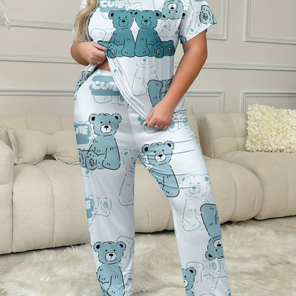 Plus size teddy bear print pajama set for women with round neck, short sleeve, and long pants. Comfortable loungewear for spring/summer/fall.