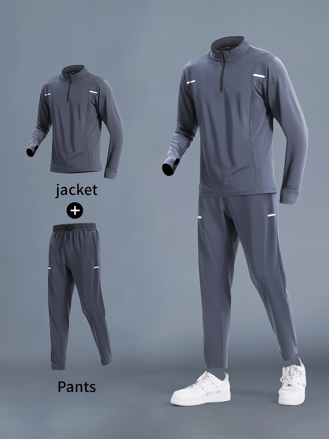 Men's Quick-Dry Athletic Set - Long sleeve zip-up jacket with stand collar, matching pants, striped detail, for running, cycling, and fitness, all seasons, breathable and moisture-wicking.