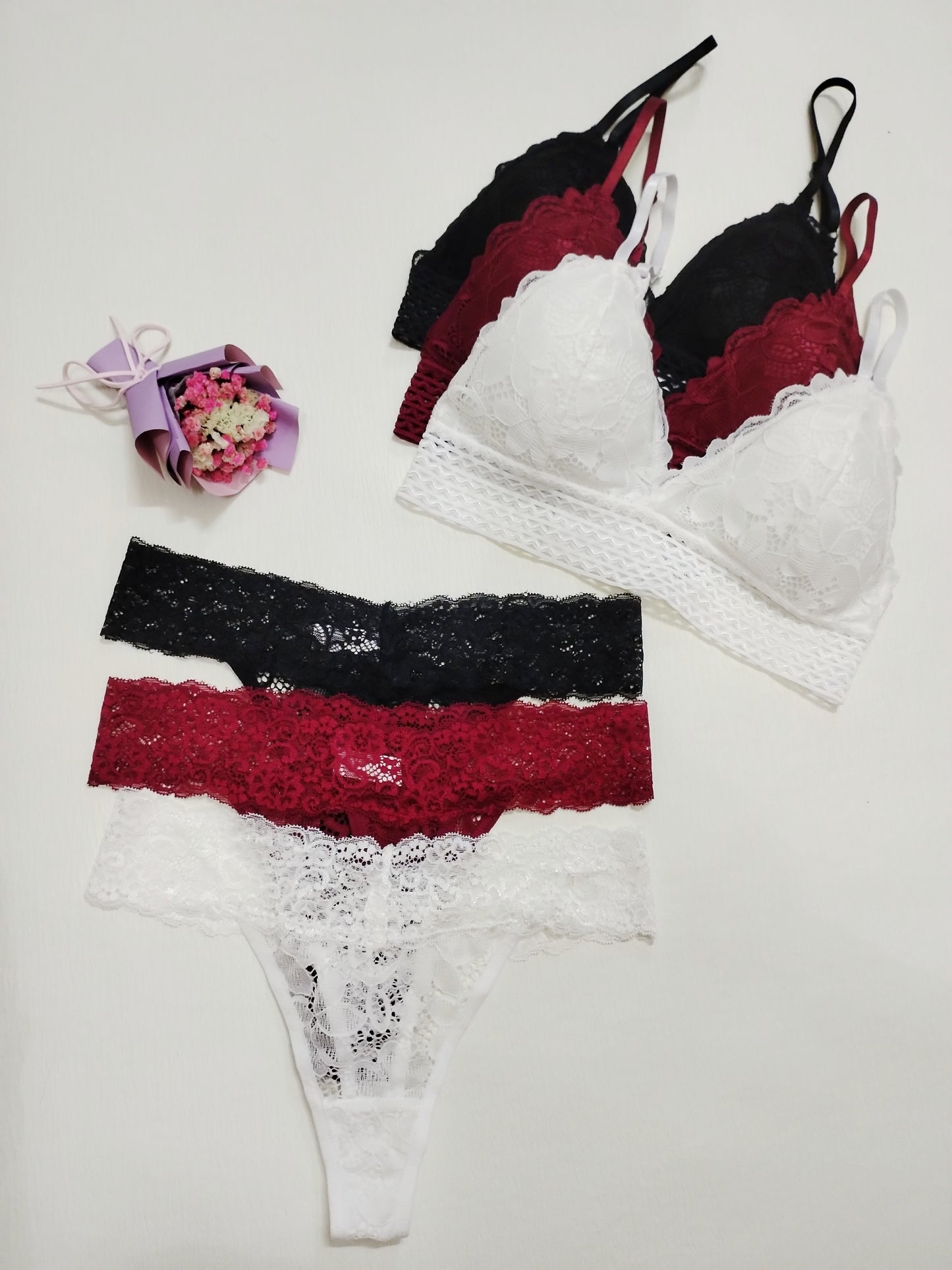 3-piece lace bra and panties set with contrast, scallop trim bralette and mesh thong lingerie set for women