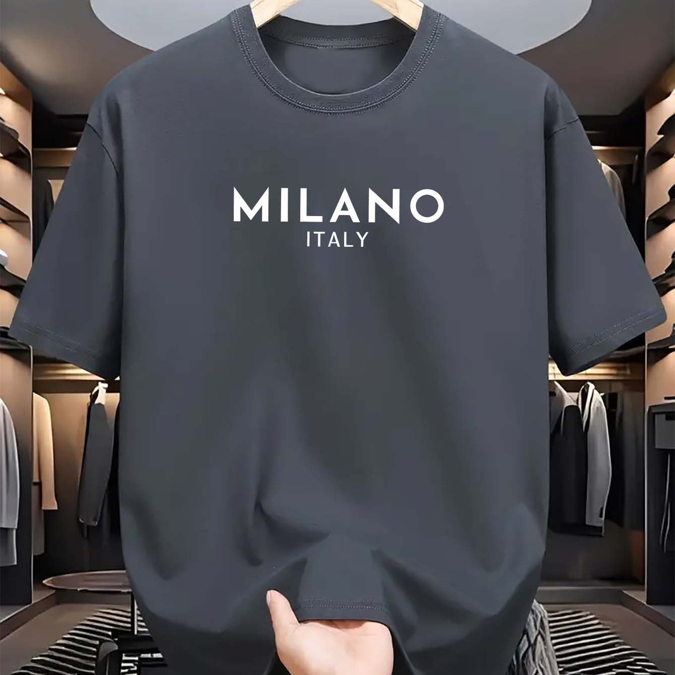 Men's Milano Italy Print T-Shirt, Casual Crew Neck Tee with Polyester Knit Fabric, Summer Short Sleeve Top with Stretch, Fashionable Regular Fit for Adults.