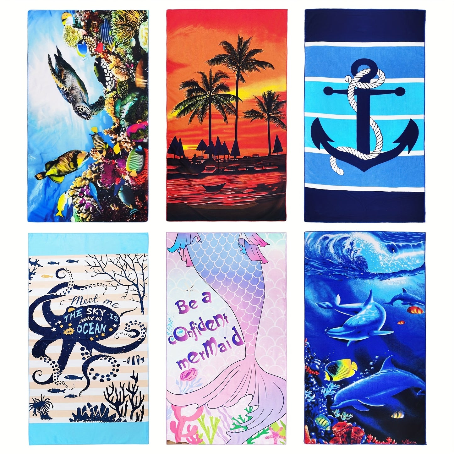 Tropical-themed microfiber beach towels (27.5”x 55”) with vibrant ocean prints. Quick-drying, soft, and absorbent. Ideal for swimming, surfing, yoga, camping, and fitness. Compact and lightweight.