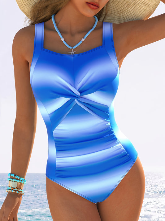 Sporty style women's one-piece swimsuit with high elasticity and striped knit polyester fabric.