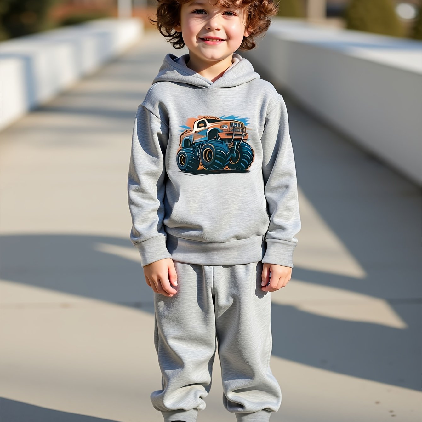 Boys' Cozy Fleece-Lined Hoodie & Jogger Set featuring a vibrant truck print - Ideal for outdoor activities in fall/winter.