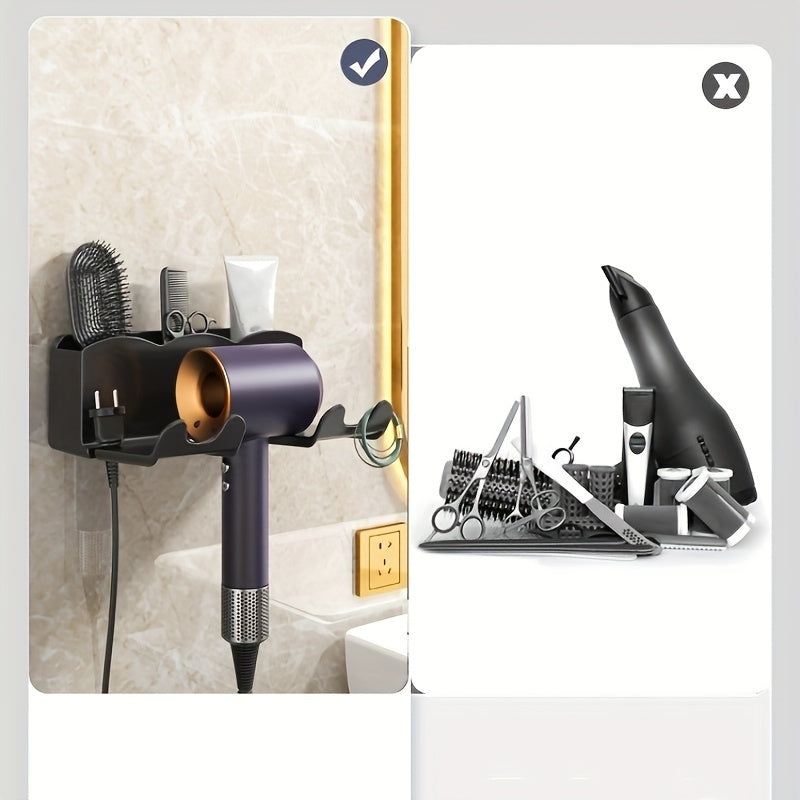 Wall-mounted bracket for hair dryers, no drilling required for bathroom shelves, serves as storage rack.