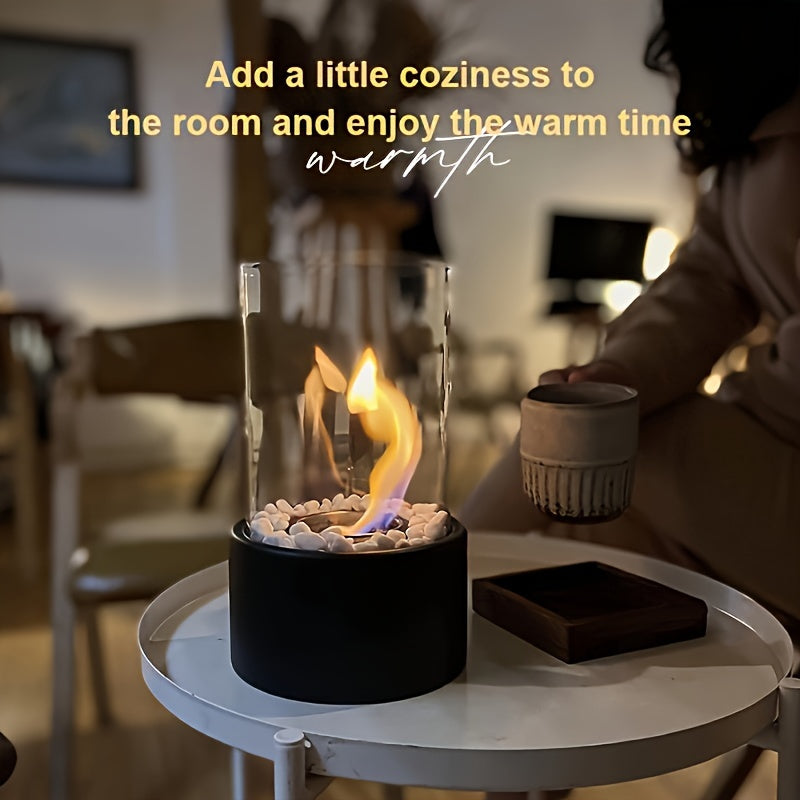 Portable tabletop fireplace made of durable stainless steel featuring white stones and windproof glass. Suitable for indoor and outdoor use, this ethanol fire pit does not require electricity.