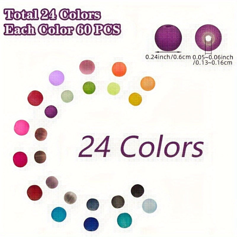 24 colors of frosted round glass beads, 6mm each, totaling 1440 pieces. Perfect for crafting earrings, bracelets, necklaces, and other DIY jewelry projects.