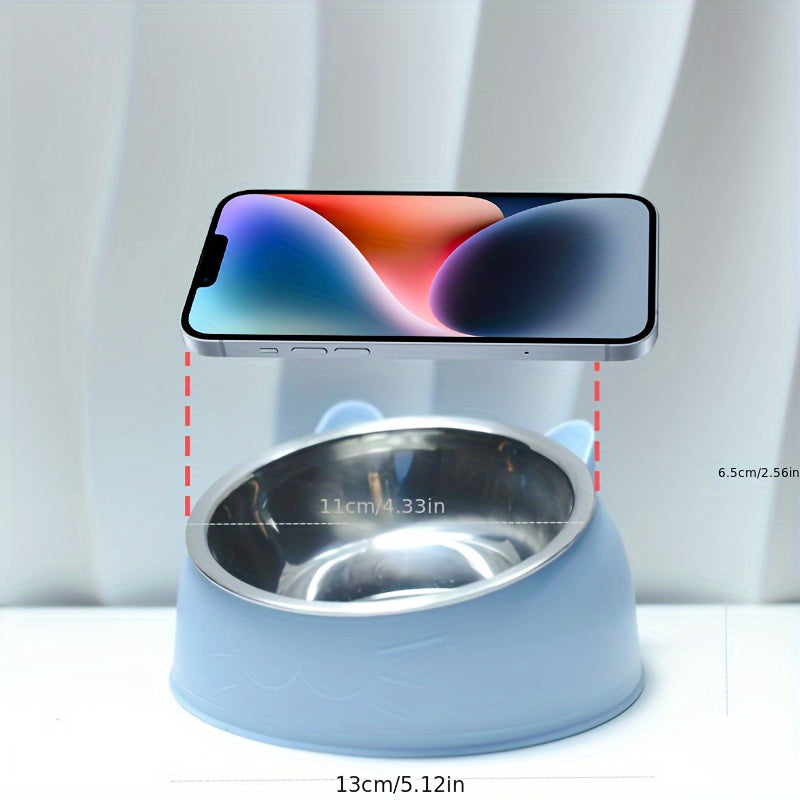 Raised stainless steel cat feeder bowl with non-slip base for neck protection, holds 100ml of food or water.