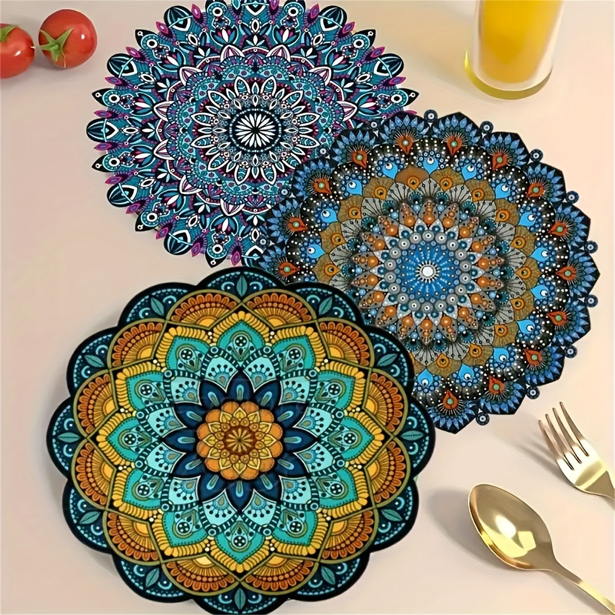 6-piece mandala flower wooden coaster set with hand washable, heat-resistant, non-slip design for drinks. Perfect for Christmas, home and office décor, and theme parties.