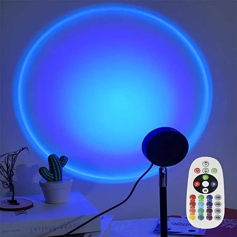 USB-powered sunset projection lamp with 16 color options, eye-safe night light and floor lamp. Features remote control, 360° rotating ambient lighting. Ideal for bedroom, parties, weddings.