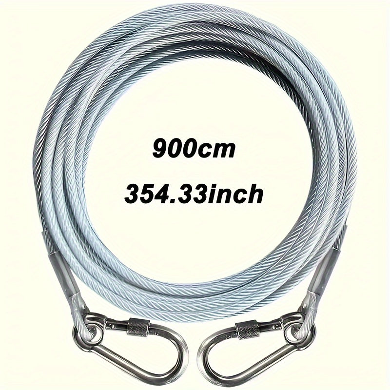 Durable stainless steel dog tie-out cable leash for large dogs, available in 4.57m, 9.14m, and 15.24m lengths. Suitable for breeds up to 113.4KG, with secure clamps and a no-pull