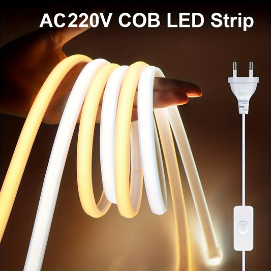 1 Pack 220V COB Flexible LED Strip with 288leds/m, 12W/M. Cuttable 1m Outdoor Garden LED Strip Light for Kitchen Bedroom, includes Free Accessories and 1.2m EU Plug with Switch.