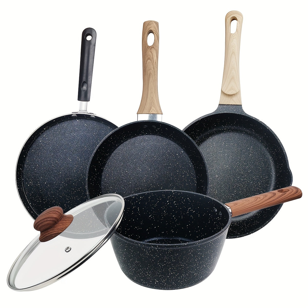 Cookware Set: 3-Piece Black Teflon Non-Stick Pot Set includes a 3L Soup Pot with Lid, 26cm Flat Bottom Frying Pan, and 24cm Frying Pan. Compatible with Electric Stove and Gas, perfect for cooking a variety of dishes in the kitchen.