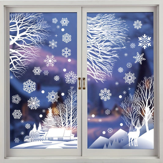 Set of 56 seasonal static window clings featuring a winter forest snow scene and snowflakes. Made of reusable plastic, these holiday decorations are perfect for Christmas, Hanukkah, Thanksgiving, and New Year. No electricity or feathers required.