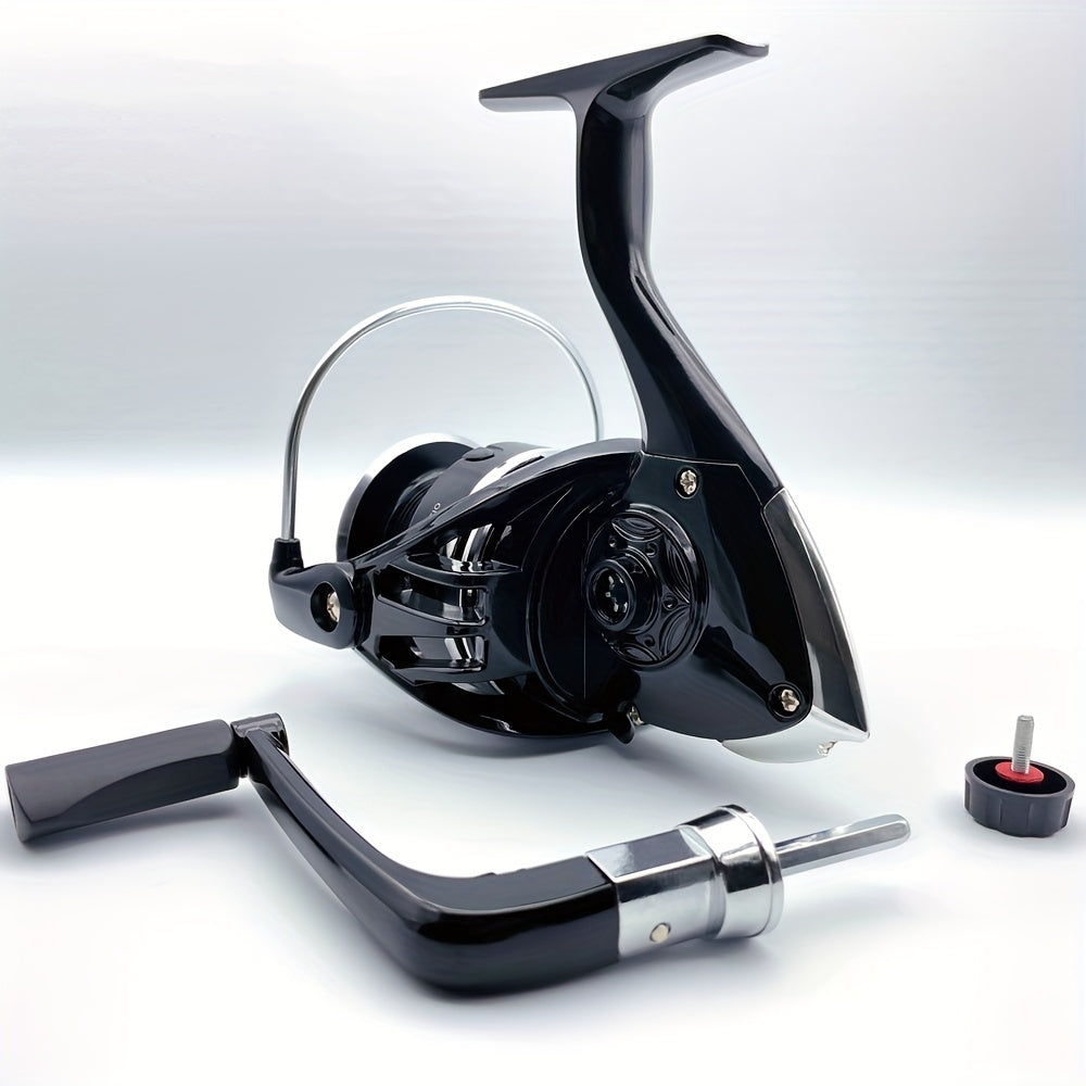 Spinning reel 1000-7000 series with smooth, sensitive performance for freshwater and saltwater fishing. Features include metal cup, folding rocker arm, and 5.2:1 gear ratio.