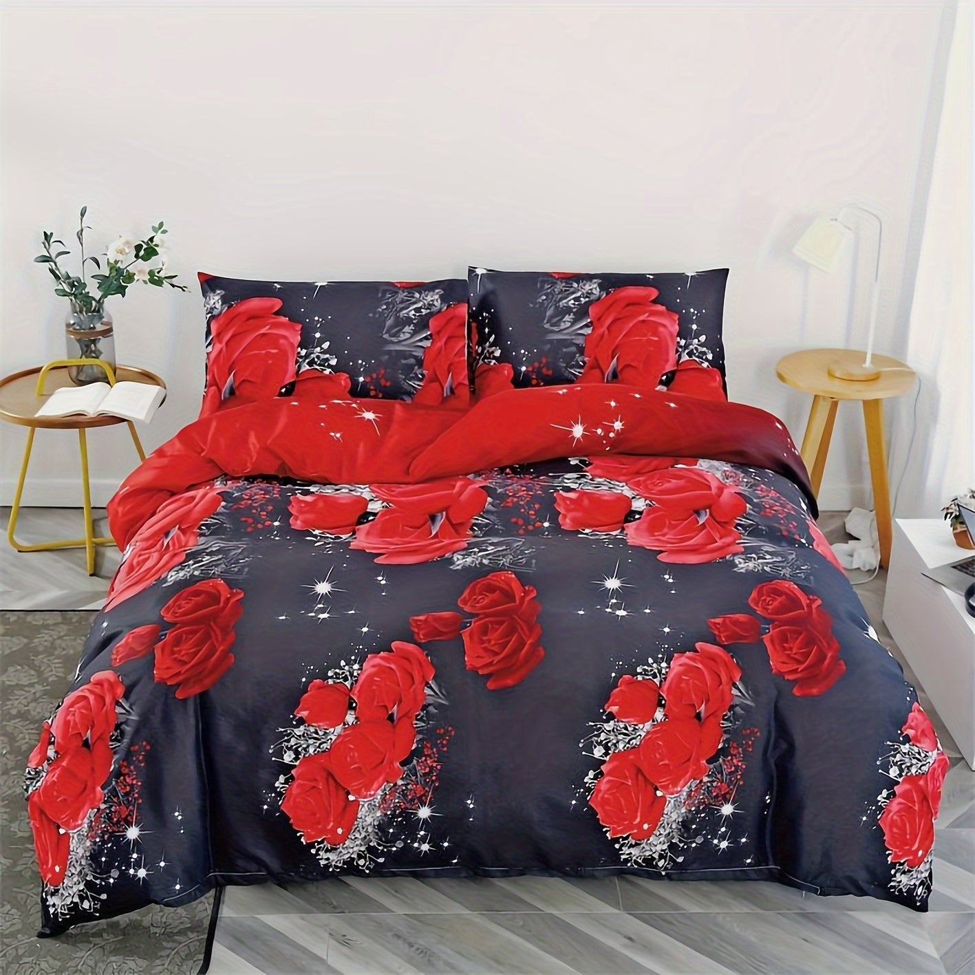 Red Rose Print Bedding Set includes 2/3 pieces with a duvet cover and pillowcases. This bedroom decor set does not include filler. Each set contains 1 duvet cover and 1 or 2 pillowcases, without pillow core.