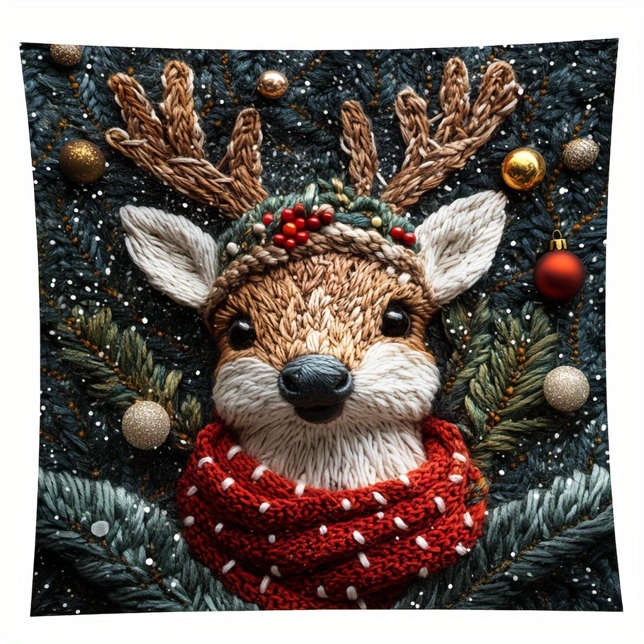 Contemporary style reindeer Christmas hat pillowcase, measures 44.96x44.96 cm. Made of woven polyester with hidden zipper. Machine washable, allergy-free. Suitable for living room sofa and bedroom decor.