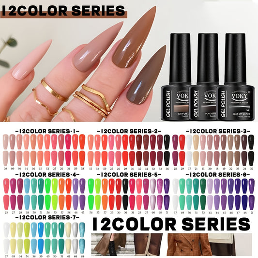 12-bottle gel polish set for fall/winter with long-lasting, semi-permanent colors and glitter. Alcohol-free formula that is low in allergy and formaldehyde-free.