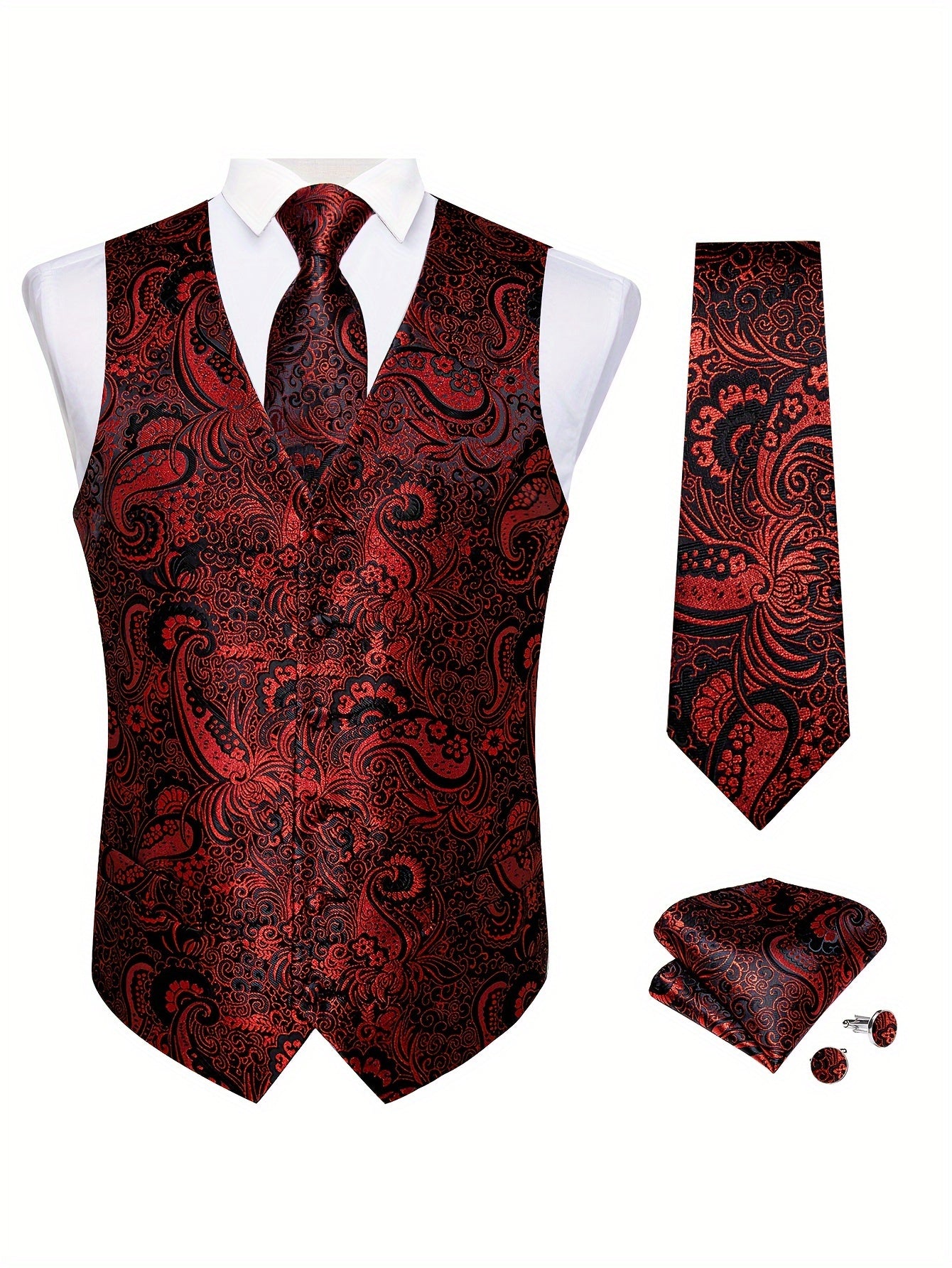 Men's plus size blue waistcoat set includes paisley necktie, cufflinks, and handkerchief. Perfect for formal occasions like weddings.