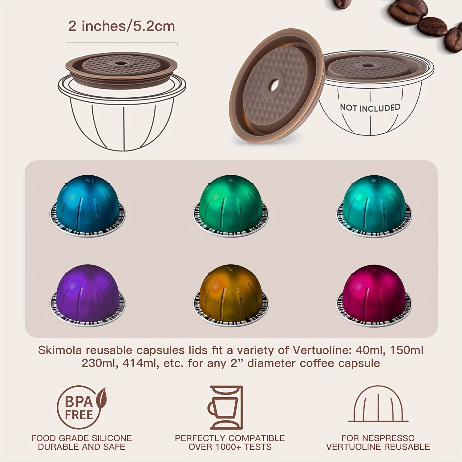 4 Pack of Durable Silicone Reusable Coffee Capsule Lids for Nespresso Vertuo Pods - BPA Free, with Scoop and Brush for Refilling, Compatible with Original Vertuoline Pods - Permanent Filter Accessories for a Long-lasting Seal