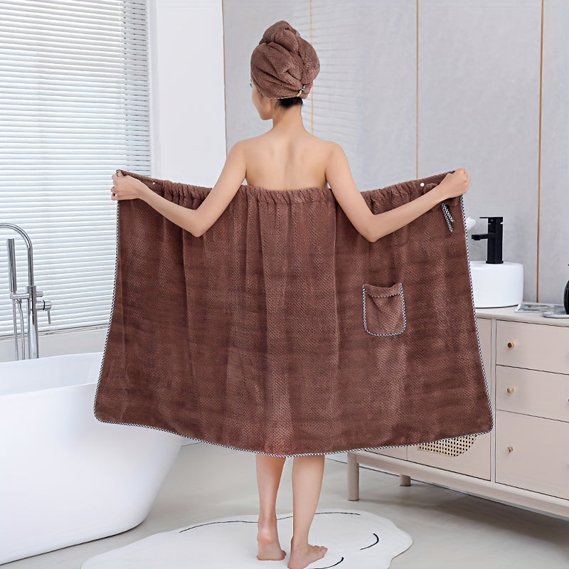 Two-piece bath towel set for adults includes wearable towel with hair towel, bowknot bath skirt, absorbent bathrobe with pockets, bow decor bath wrap towel with shower cap. Perfect bathroom accessories.