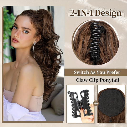 YUSULAXI 71.12cm Deep Wave Claw Clip Ponytail Extension - Soft, Voluminous Synthetic Hairpiece in Brown with Water Wave Texture for All Women