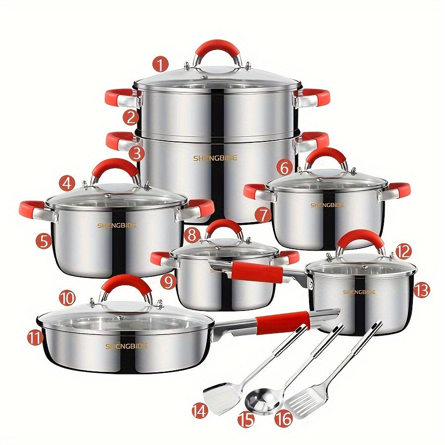 This set includes 16 pieces of stainless steel cookware, perfect for all your cooking needs. The set contains 4 pots, 1 frying pan, 1 milk pot, 6 pot lids, 2 spatulas, 1 spoon, and 1 steamer. The pots are designed to distribute heat evenly and quickly