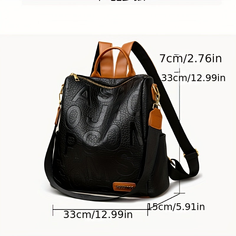 Black women's backpack with large capacity, adjustable straps, crocodile texture, and foldable design - ideal for commuting or travel.