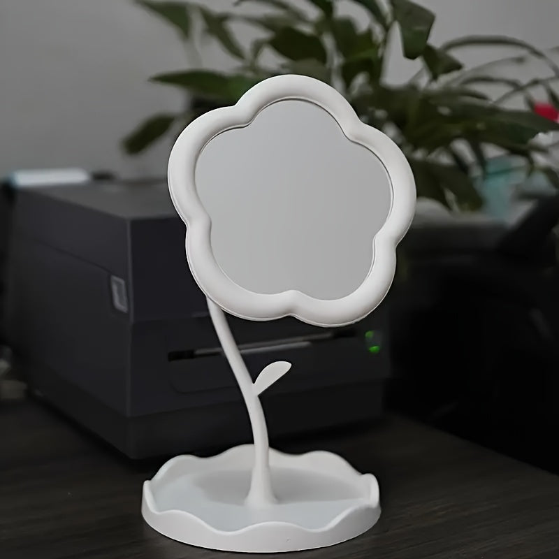 Boxed trumpet cosmetic mirror with flower design, high-definition glass, adjustable bracket, ideal for dressing tables. Perfect for beauty enthusiasts, room décor, and dressing table installation. Plastic frame.