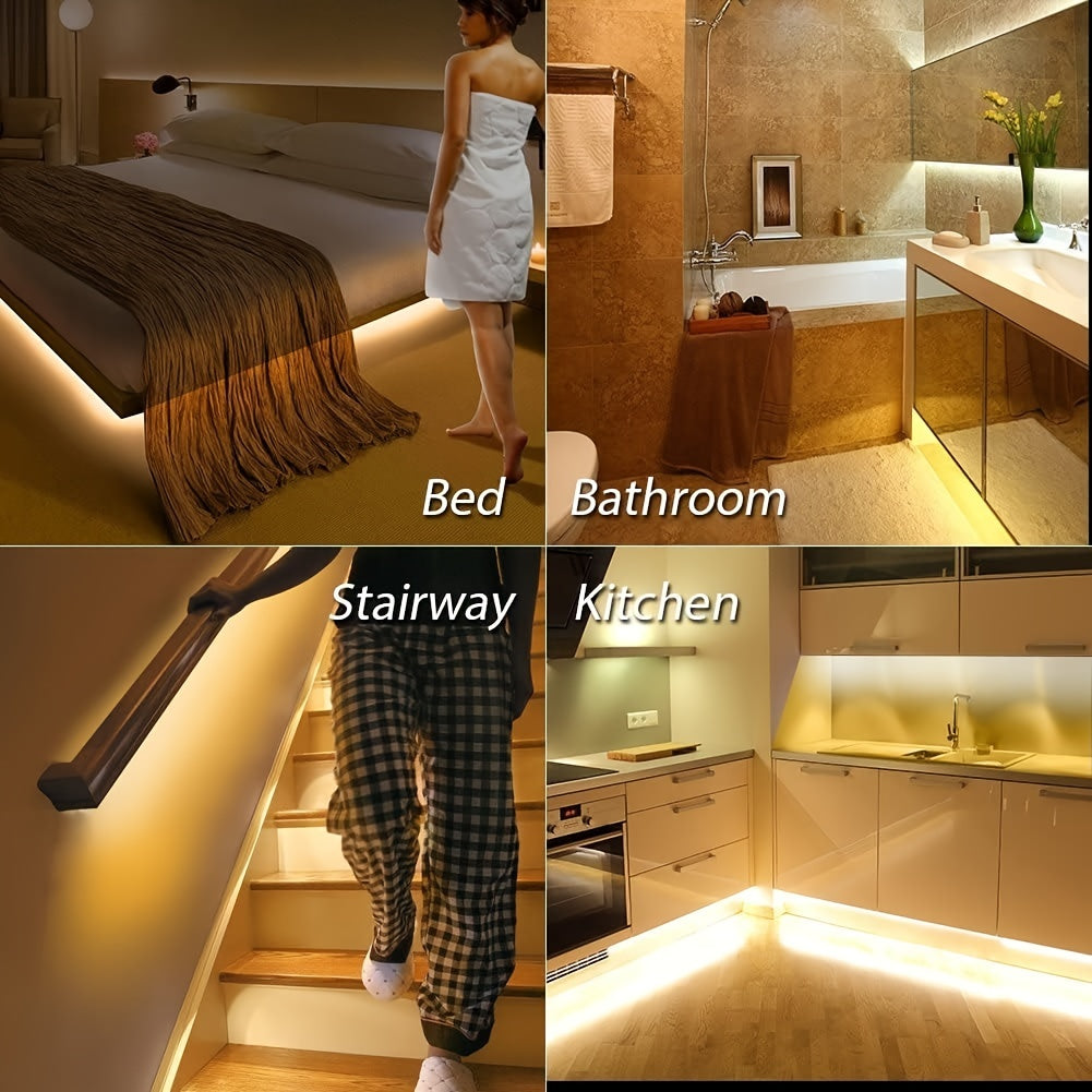 1 Roll LED light strip with body sensor, 99.97cm to 5.0m long, ideal for various spaces like stairs, corridors, mirrors, cabinets, and bedrooms.