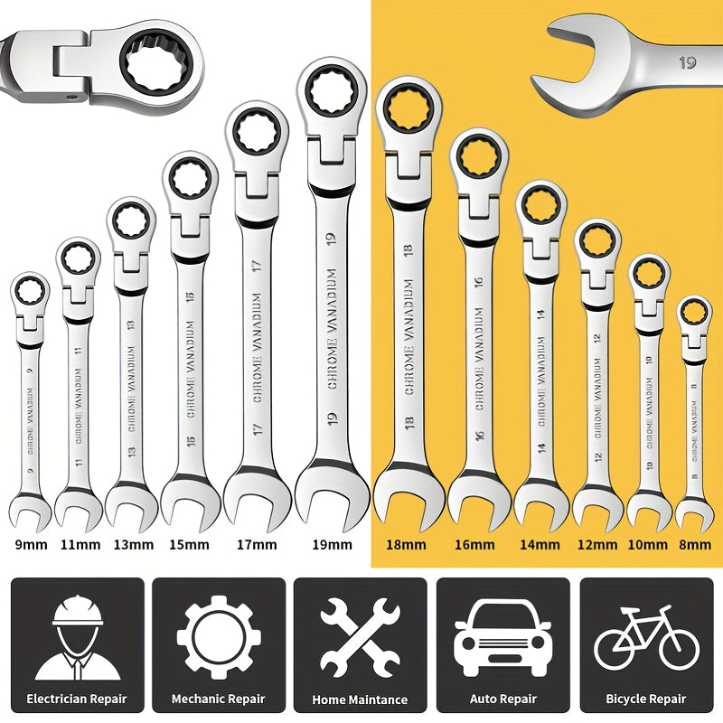 72 Teeth Flexible Head Ratchet Wrench Set with Swivel Design for Cars, Bikes, and Home Maintenance. Durable metal tools for auto and home repair essentials.