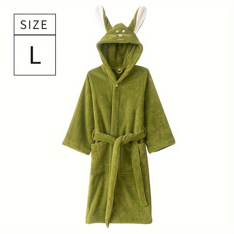 Children's bathrobe with cute rabbit face design, made of quick-drying absorbent cotton. Perfect for home or bathroom use.