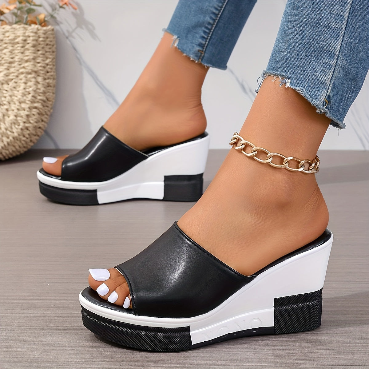 Summer wedge sandals for women with contrast peep toe and platform slide design for outdoor wear.