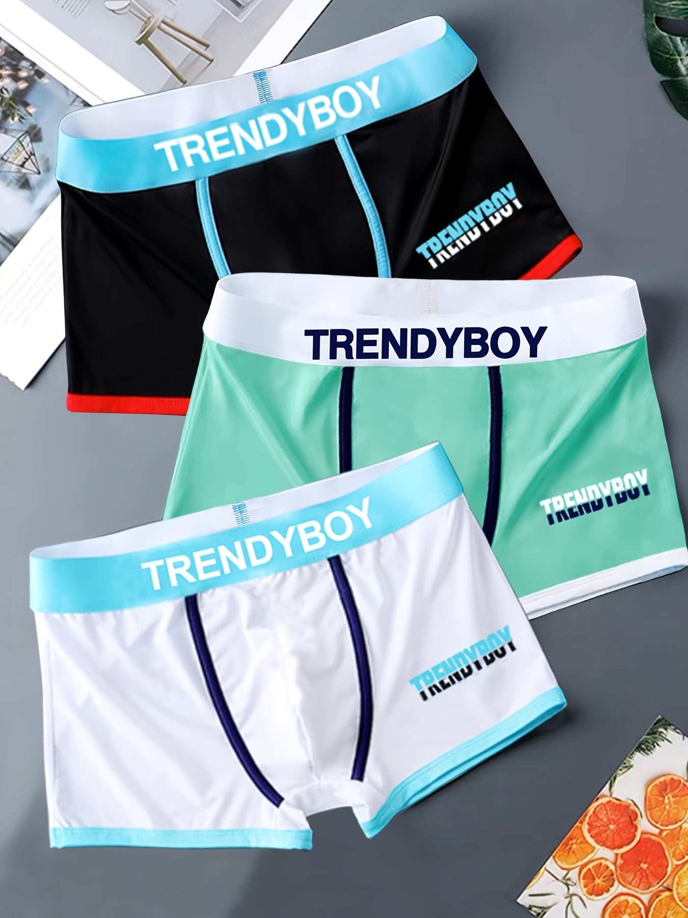 TrendyBoy Men's Boxer Briefs 3-Pack - Soft polyester knit with stretch, alphabet pattern and patched details, 95% polyester, 5% elastane