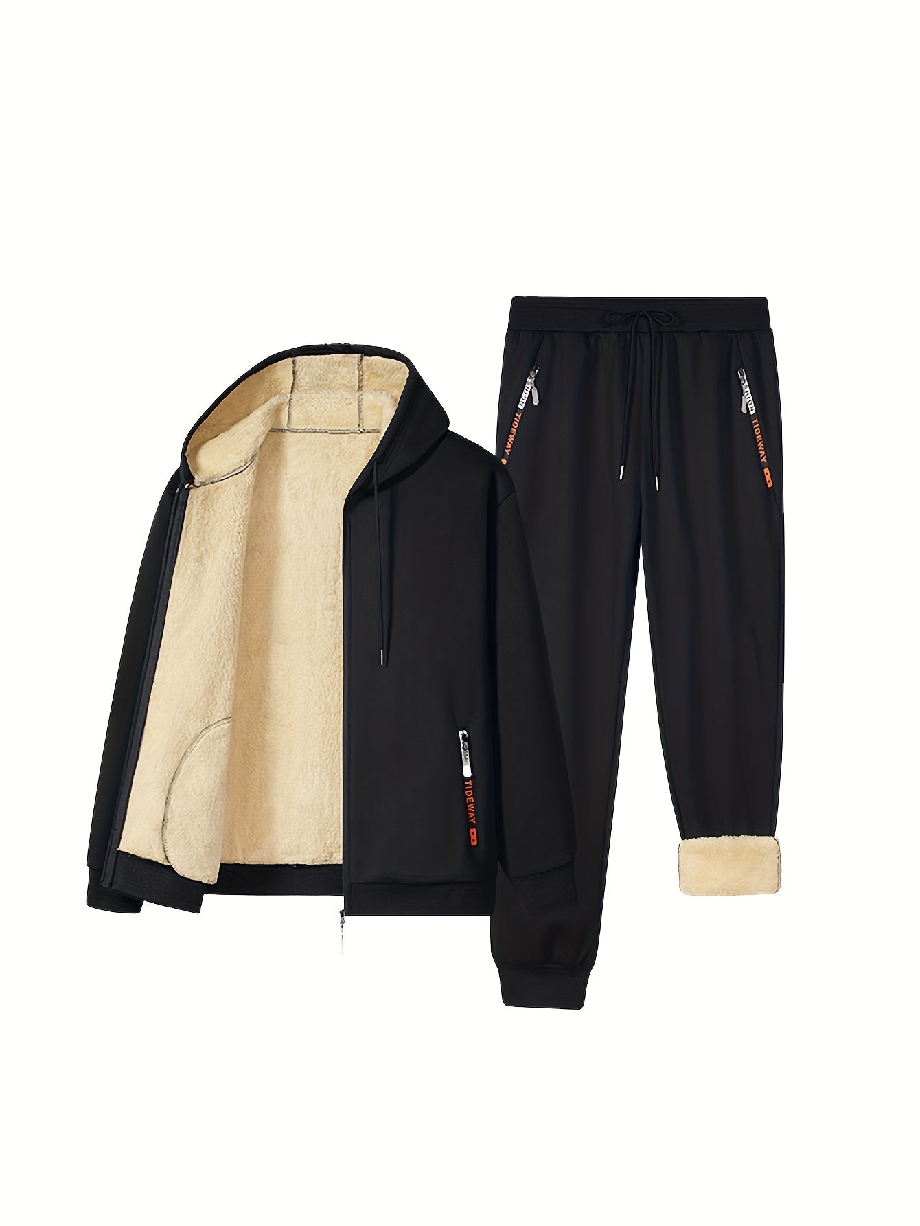 2-piece men's set: Fleece lined zip-up hooded coats with zipper pockets and drawstring pants for casual autumn and winter outfits.