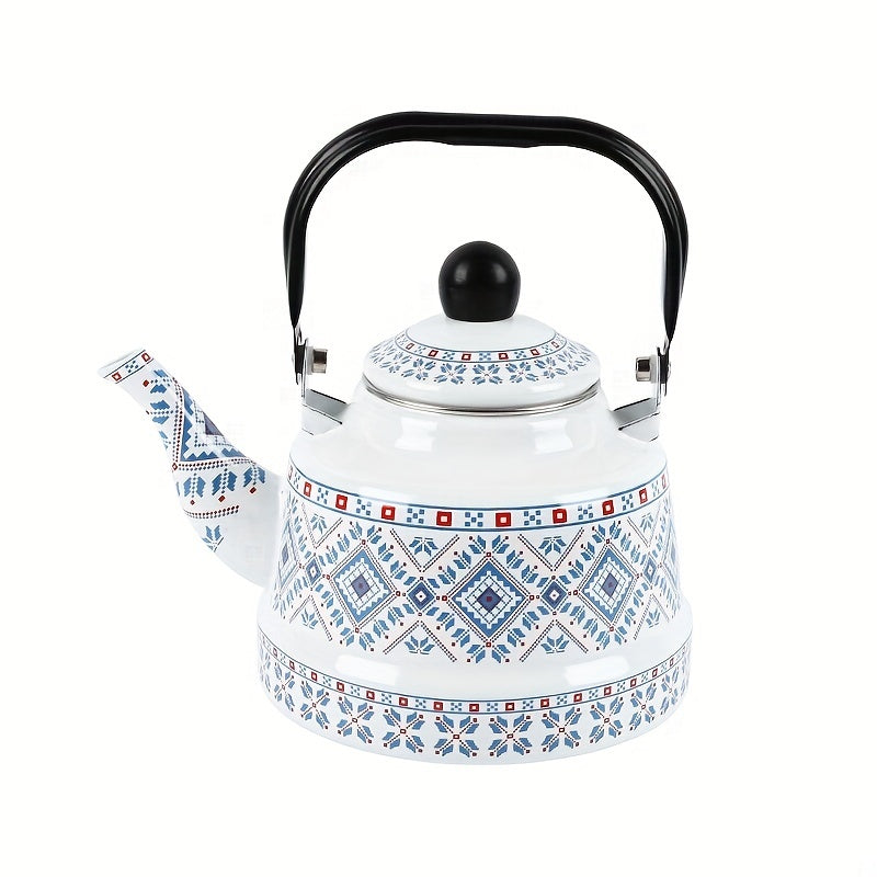 Enamel Hot Water Kettle with Geometric Print and Memory Flower Design, 1.1L capacity, suitable for household use. Features Ancient Clock and Target design. Versatile kettle suitable for brewing tea, coffee, or other beverages. Combines Middle Eastern and