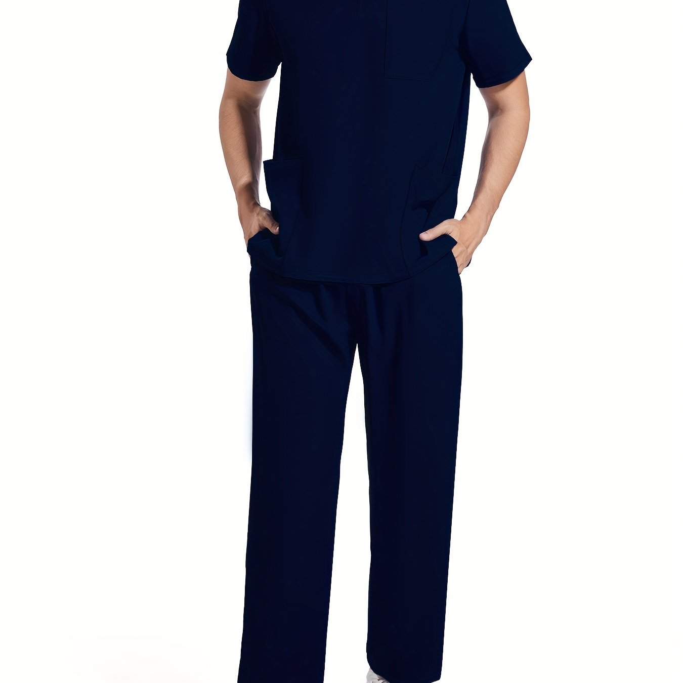 Men's short sleeve suit with elastic waist and breathable fabric, includes top and pants set with pockets, ideal for work clothes or pet grooming salon.