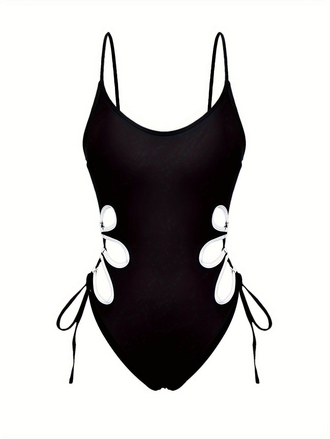 Black swimsuit with white edges, designed for women for beach outings.