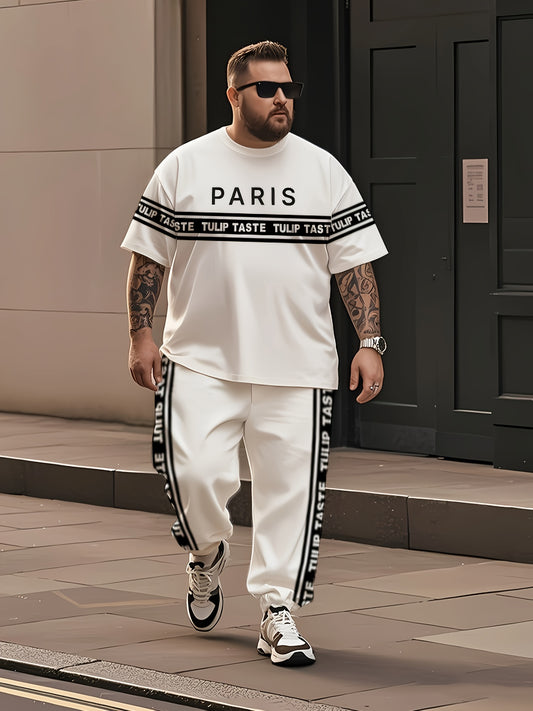 Plus size urban style black and white striped men's t-shirt and pants set featuring mixed print Paris letter street culture design, perfect for trendy summer streetwear.