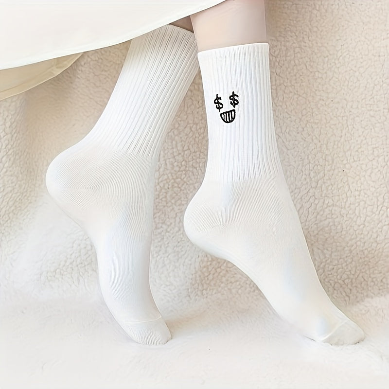 Five pairs of cute cartoon-themed socks, mid-calf length, perfect for women's hosiery.