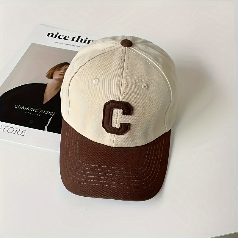 Cotton knit baseball cap with C letter embroidery, adjustable buckle back, lightweight and versatile for all seasons - perfect for outdoor casual wear.