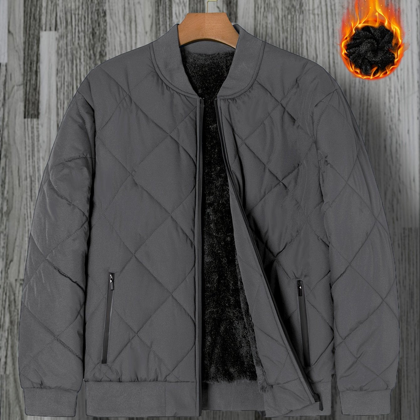 Casual black bomber jacket for men with quilted polyester outerwear, zipper closure, and stand collar. Perfect for fall and winter. Smooth texture and quilted design for everyday wear