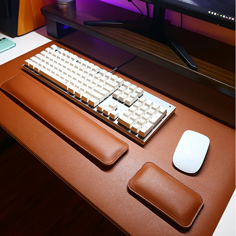 Ergonomic 3-piece desk set includes large faux leather mouse pad, keyboard mat, and wrist support for non-slip office desk protection.