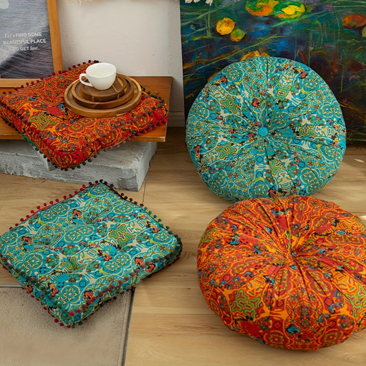 Vintage linen boho-chic cushion with pom poms, available in round or square options for comfortable home decor.