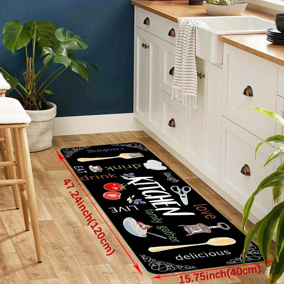 Stain resistant kitchen rug made from memory foam, featuring anti-slip and absorbent properties. Waterproof and soft cushioned for comfort, this rug is perfect for kitchens, hallways, bathrooms, and laundry rooms. Can be thrown in the wash for quick dry